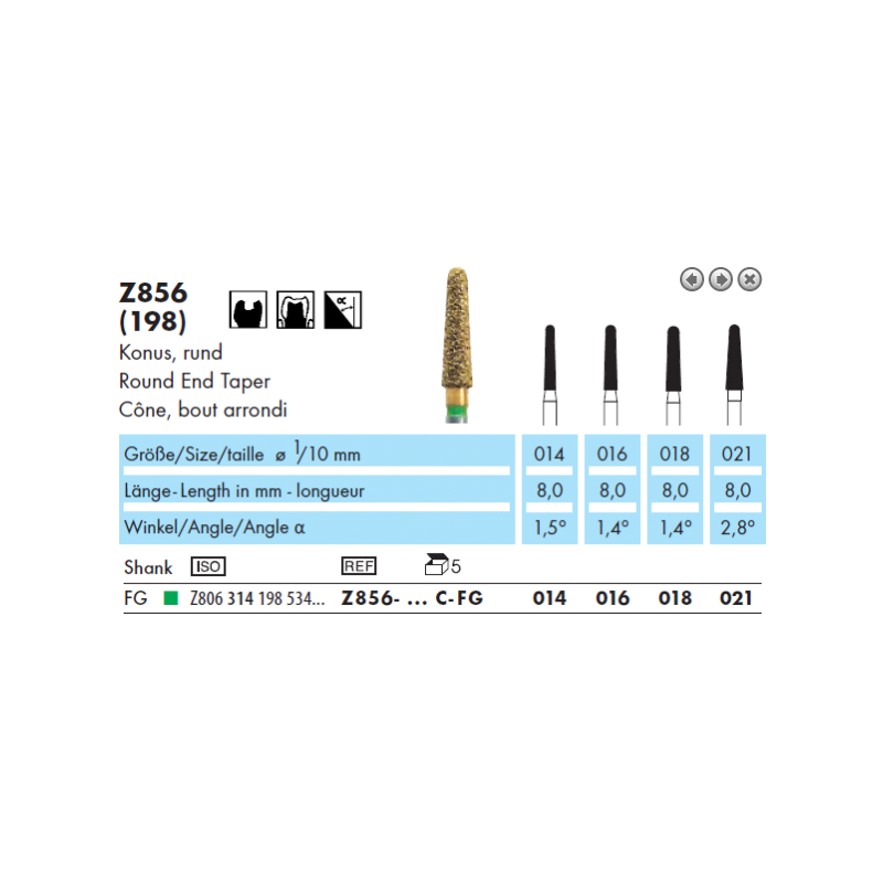 Achat matériel dentaire - Fournisseur dentaire - Fraises diamantées ABACUS cône, bout arrondi Z856 (lot de 5) - NTI